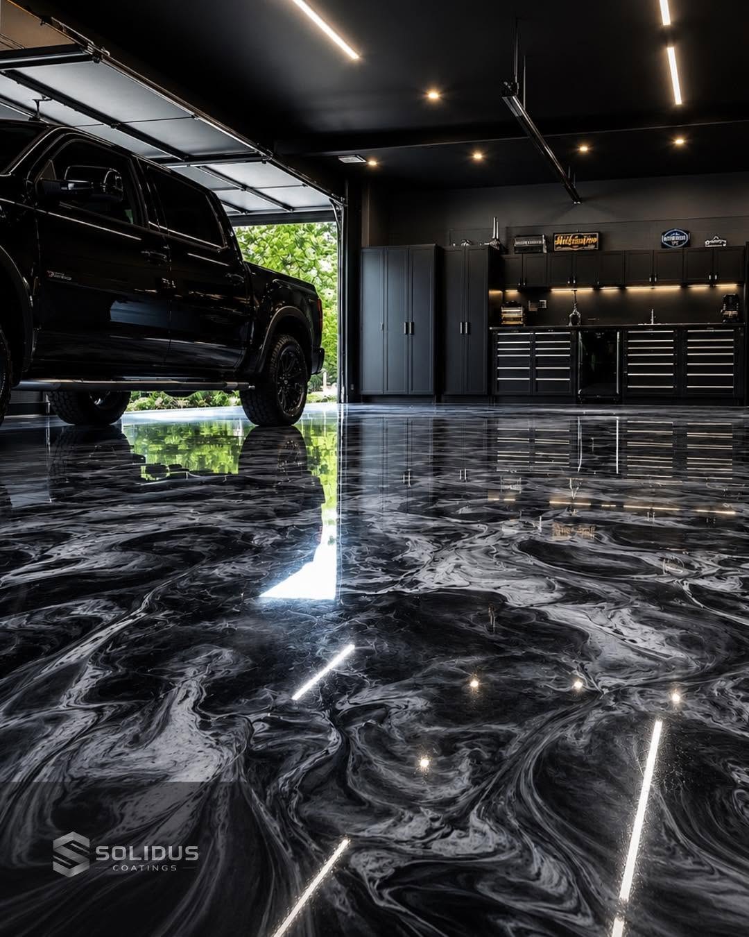 Black & Silver Metallic Marble epoxy floor by Solidus Coatings