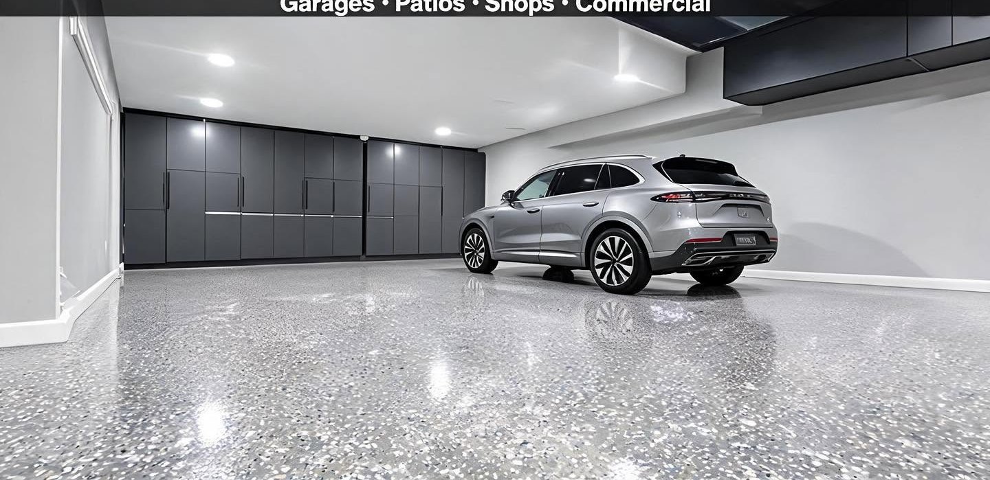 Gray Flake Garage System epoxy floor by Solidus Coatings