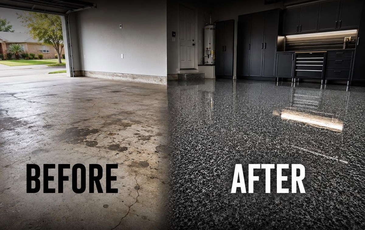 Solidus Coatings before and after: cracked, oil-stained garage concrete transformed into a gray flake floor