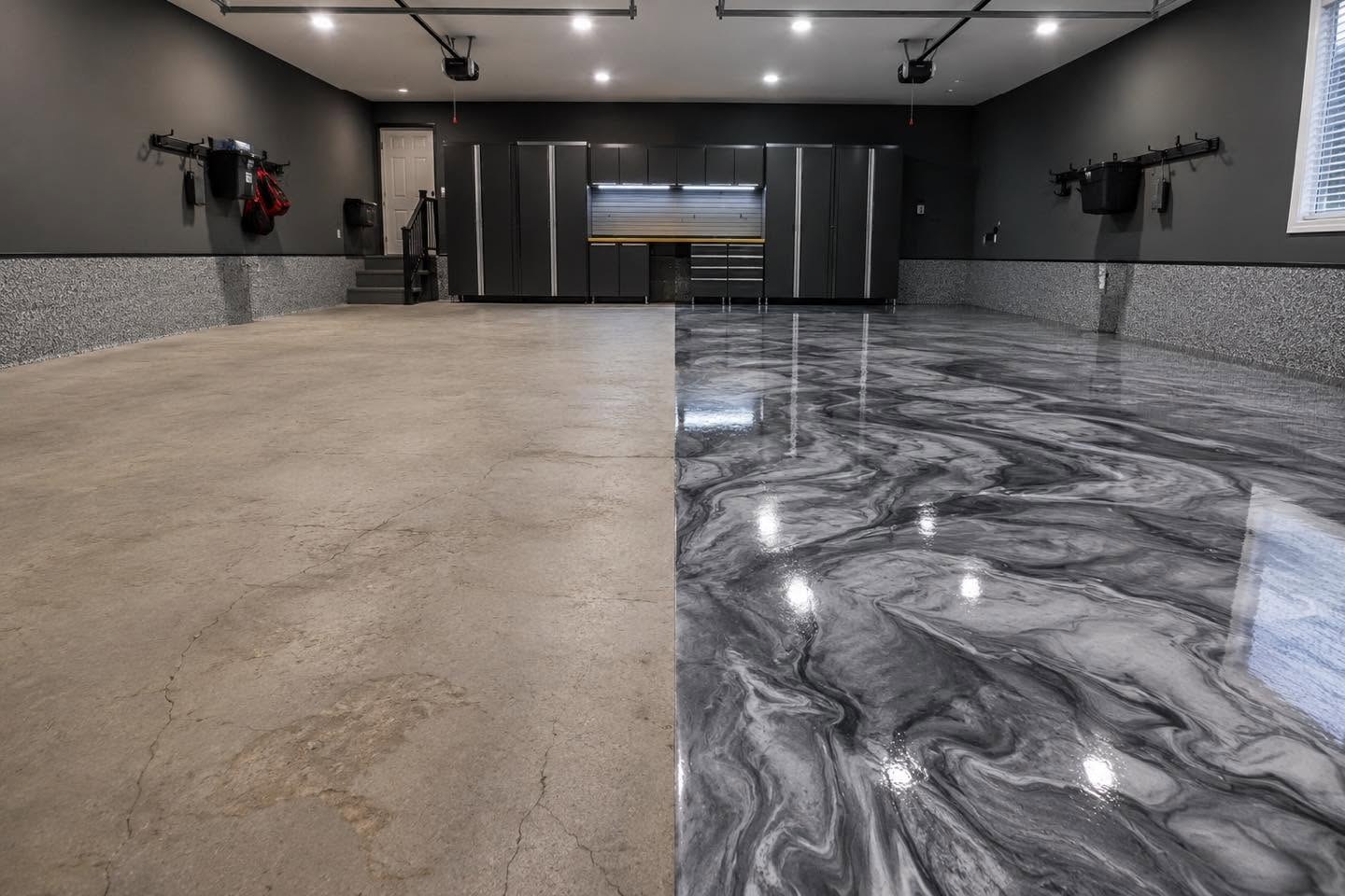 Garage floor coated by Solidus Coatings, raw concrete on the left transitioning to black and silver metallic marble on the right
